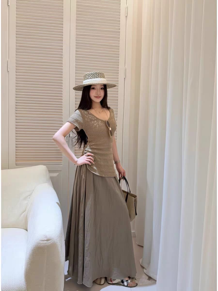 사슴 사슴 주황색 섬 부드러운 디자인 센스 펌프 로프 V넥 반팔 여성 여름 한 부서 슬림해 보이는 다용도 맨위 d3102 상세 이미지 4