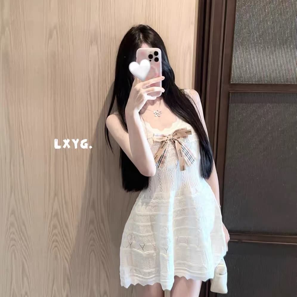 lxyg 여름 새로운 켜기 신당 칼라 나비 매듭 민소매 니트 조끼 원피스 허리 수축 한 마디 슬립 미니 스커트 여성 이미지 5