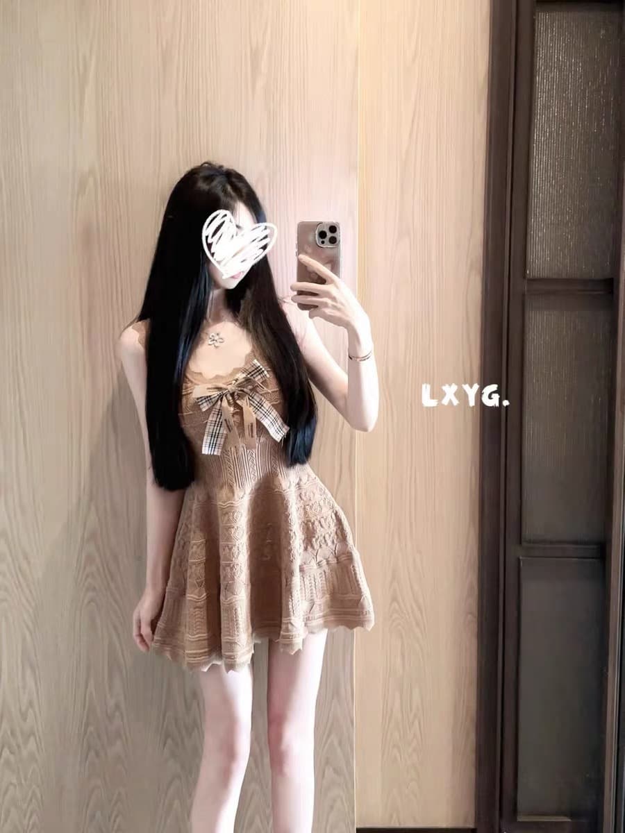 lxyg 여름 새로운 켜기 신당 칼라 나비 매듭 민소매 니트 조끼 원피스 허리 수축 한 마디 슬립 미니 스커트 여성 상세 이미지 1