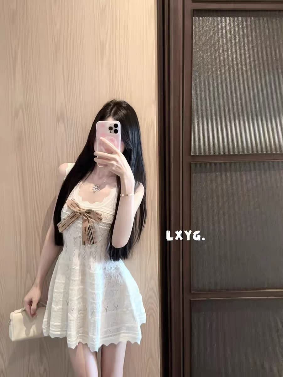 lxyg 여름 새로운 켜기 신당 칼라 나비 매듭 민소매 니트 조끼 원피스 허리 수축 한 마디 슬립 미니 스커트 여성 상세 이미지 2