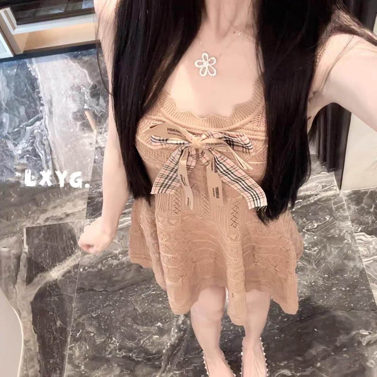 lxyg 여름 새로운 켜기 신당 칼라 나비 매듭 민소매 니트 조끼 원피스 허리 수축 한 마디 슬립 미니 스커트 여성 상세 이미지 3