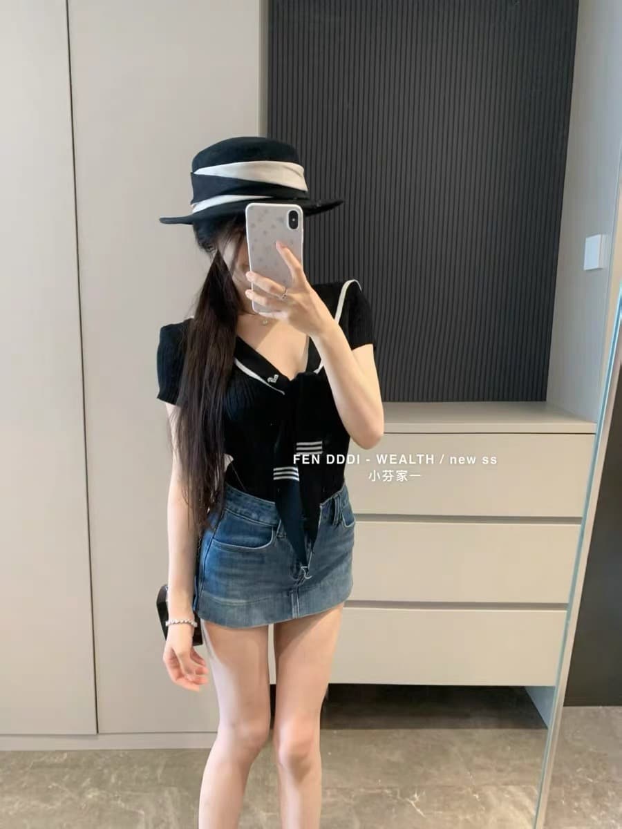 작은 펜 홈 fenddi2026 여름 새로운 한국 스타일 해군 칼라 레이스업 몸매 가꾸기 페이크 레이어드 반팔 니트 스웨터 여성 상세 이미지 6