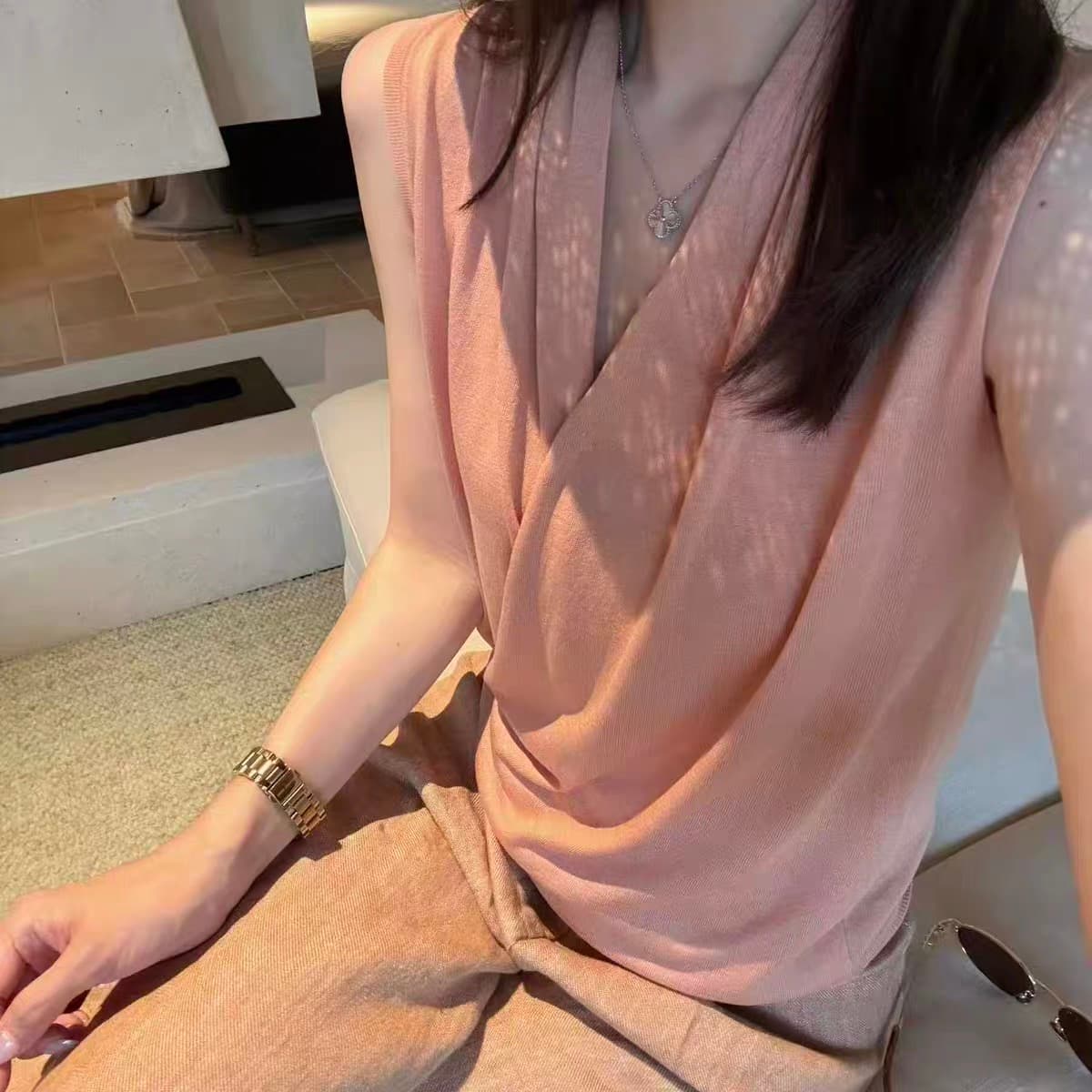 고급 센스 핑크색 십자가 V넥 조끼 조끼 여자 여름 새로운 얇고 가벼운 통기성 외출용 민소매 어깨 맨위 이미지 2