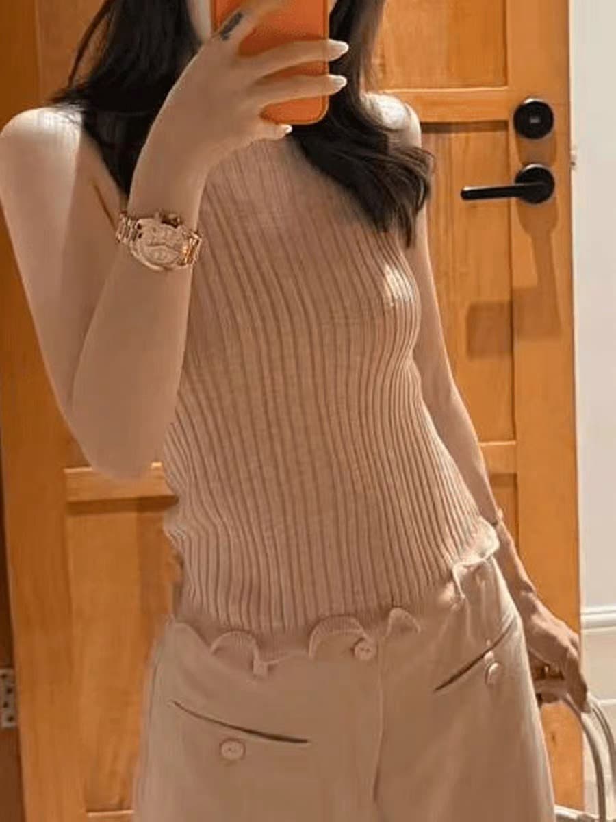 오래된 돈 바람 핑크색 레이스 구덩이 기사 니트 조끼 조끼 여자 여름 민소매 라운드 넥 허리 수축 슬림해 보이는 다용도 맨위