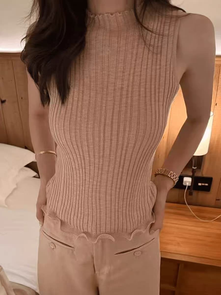 오래된 돈 바람 핑크색 레이스 구덩이 기사 니트 조끼 조끼 여자 여름 민소매 라운드 넥 허리 수축 슬림해 보이는 다용도 맨위 이미지 4