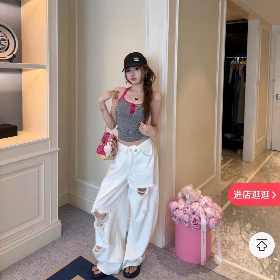 9 월 홈 분말 블랙 동화 장미 베르 미첼 리 행침 목 얼음 실크 조끼 블랙 흰색 스트립 행침 목 얼음 실크 조끼 트렌디 ins 이미지 5