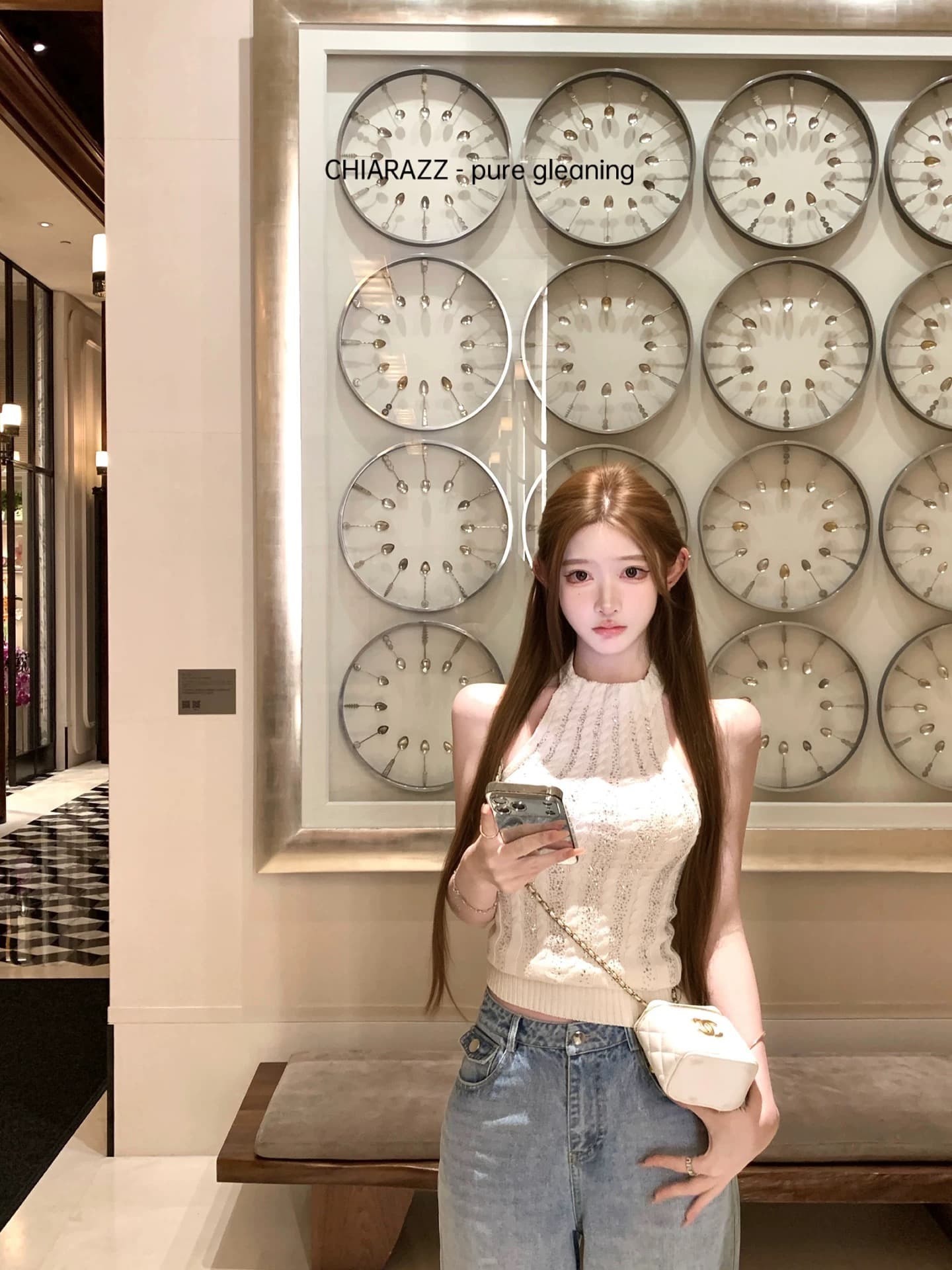 수영장 자오 짜오 26ss 핫픽스 얼음 마 니트 양성 및 음성 둘 착용 행침 목 튜브탑 맨위 어둠 곡물 케이크 미니 스커트 세트 이미지 2