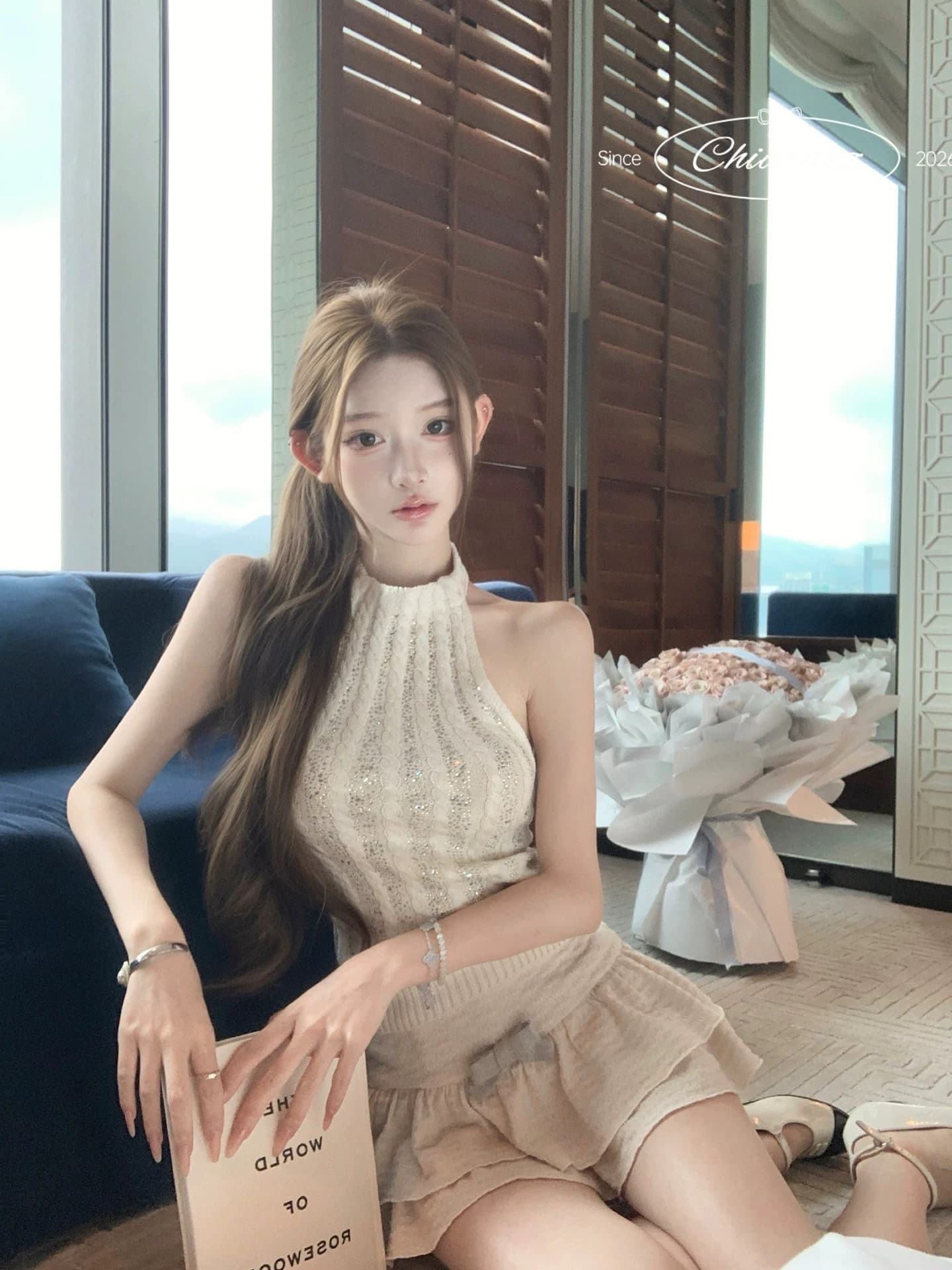 수영장 자오 짜오 26ss 핫픽스 얼음 마 니트 양성 및 음성 둘 착용 행침 목 튜브탑 맨위 어둠 곡물 케이크 미니 스커트 세트 이미지 4