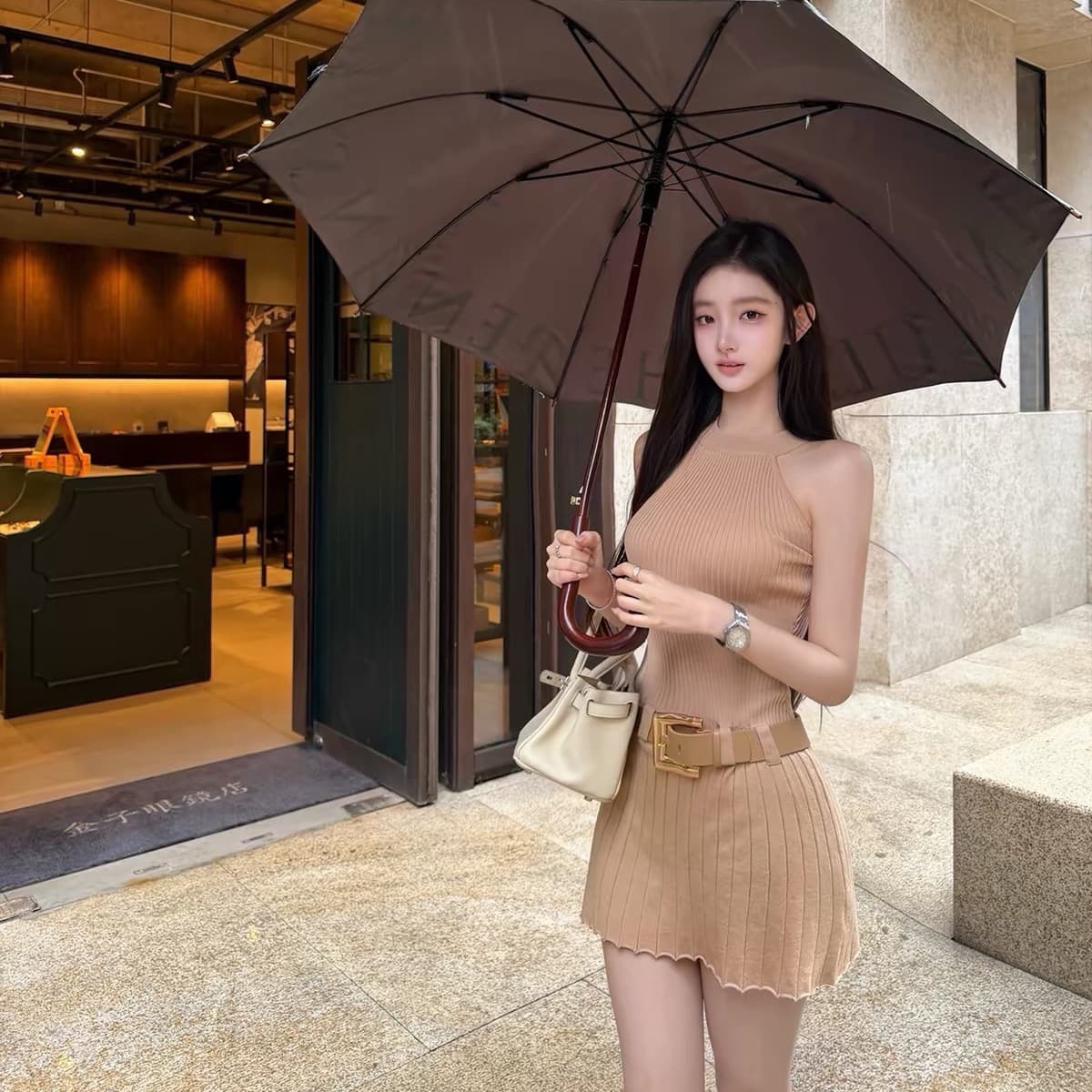 okmashop 화이트 제직 조용한 시리아 니트 행침 목 여성 드레스 여름 섹시함 오프숄더 플리츠 스커트 허리 수축 치마 이미지 5