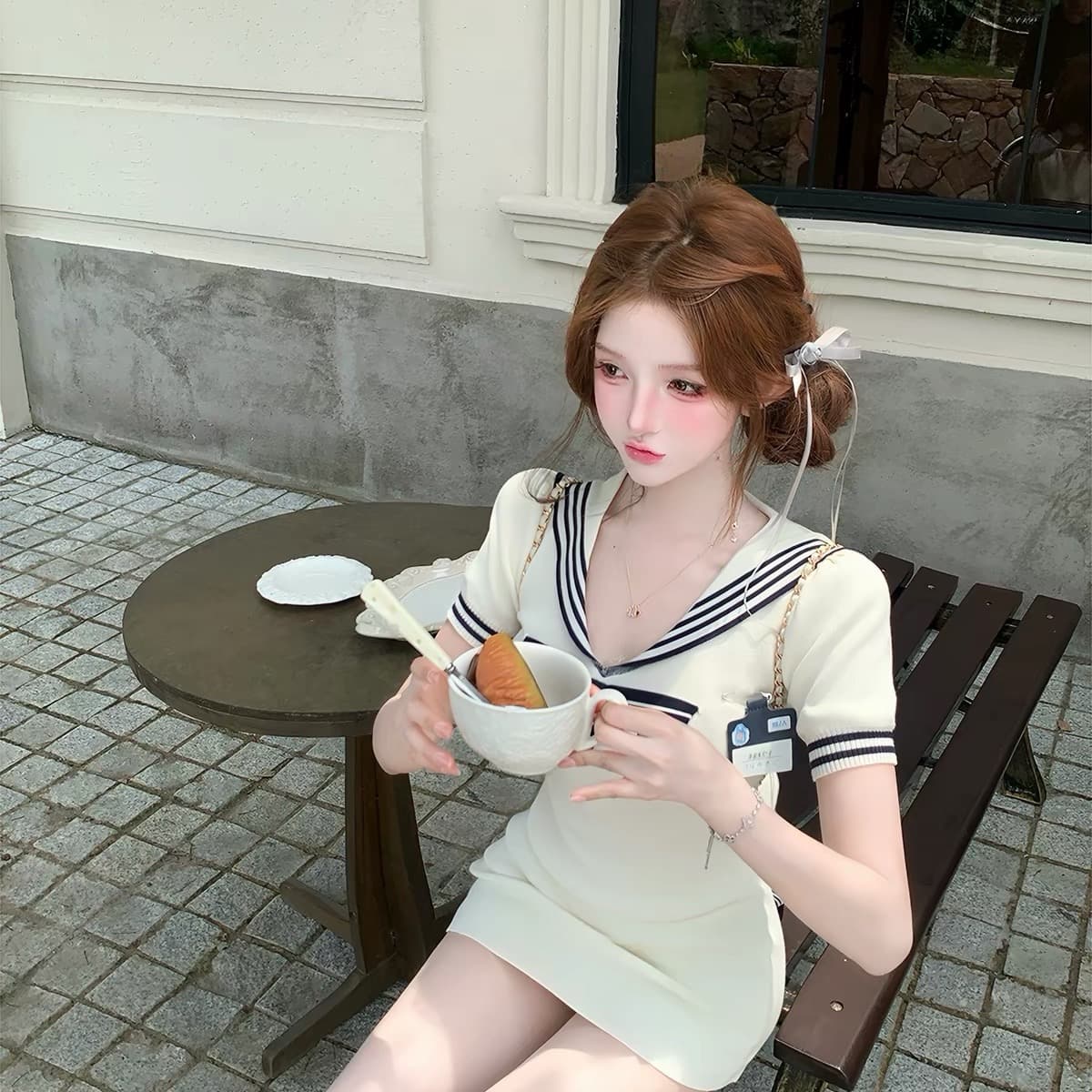 루이 茜 얕은 섬 선원 2.0 여름 달콤함 귀여운 학원 스타일 니트 드레스 r3821w 이미지 5
