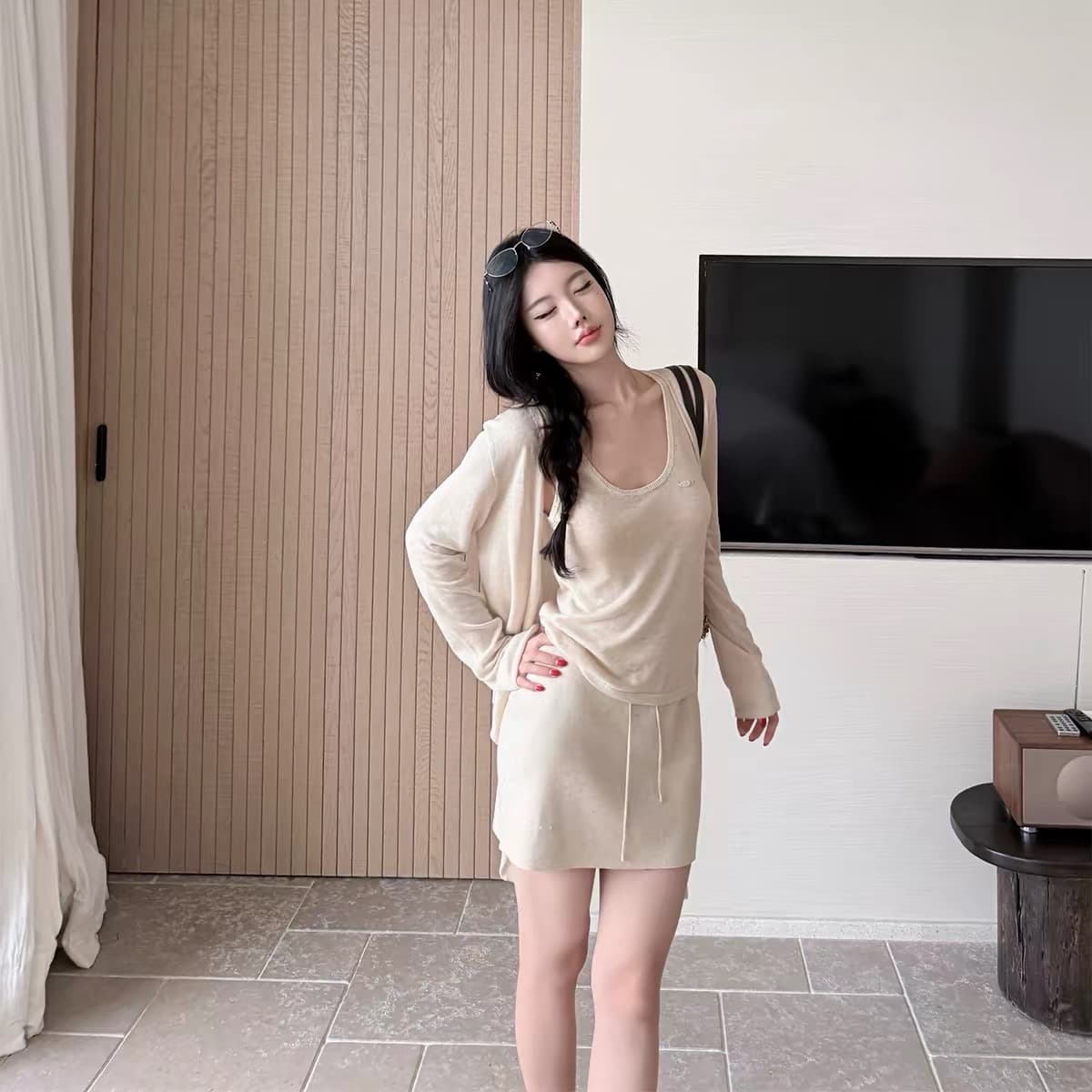 laareetoo 라이 경기 서울 아마 삼색 모직물 세트 여성 여름 니트 오픈 가디건 조끼 반 스커트 3종 세트 이미지 5