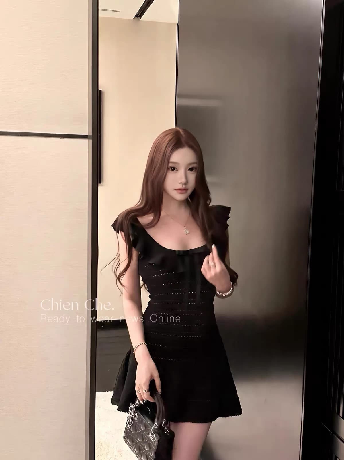 자동차 늦게 En chien 그는 벤 바람 작은 검은 드레스 여름 프릴 u 칼라 허리 수축 슬림해 보이는 니트 타이트 스커트 여성 드레스 상세 이미지 1