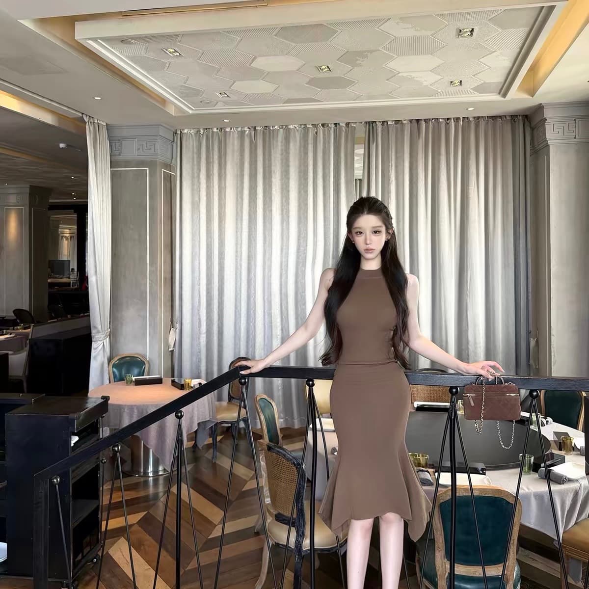 kubiliv 애지중지 인어 빛 요리 한 레트로 스타일 몸매 가꾸기 행침 목 니트 타이트 스커트 인어 꼬리 점프 슈트 치마 세트 이미지 5