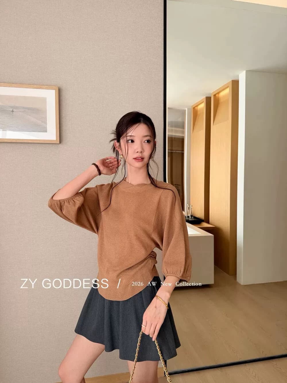 2026 가을 프랑스식 고급 센스 미니멀리즘 루즈핏 슬림해 보이는 Chic 라운드 넥 7부 소매 니트 스웨터 벌룬 소매 맨위 상세 이미지 4