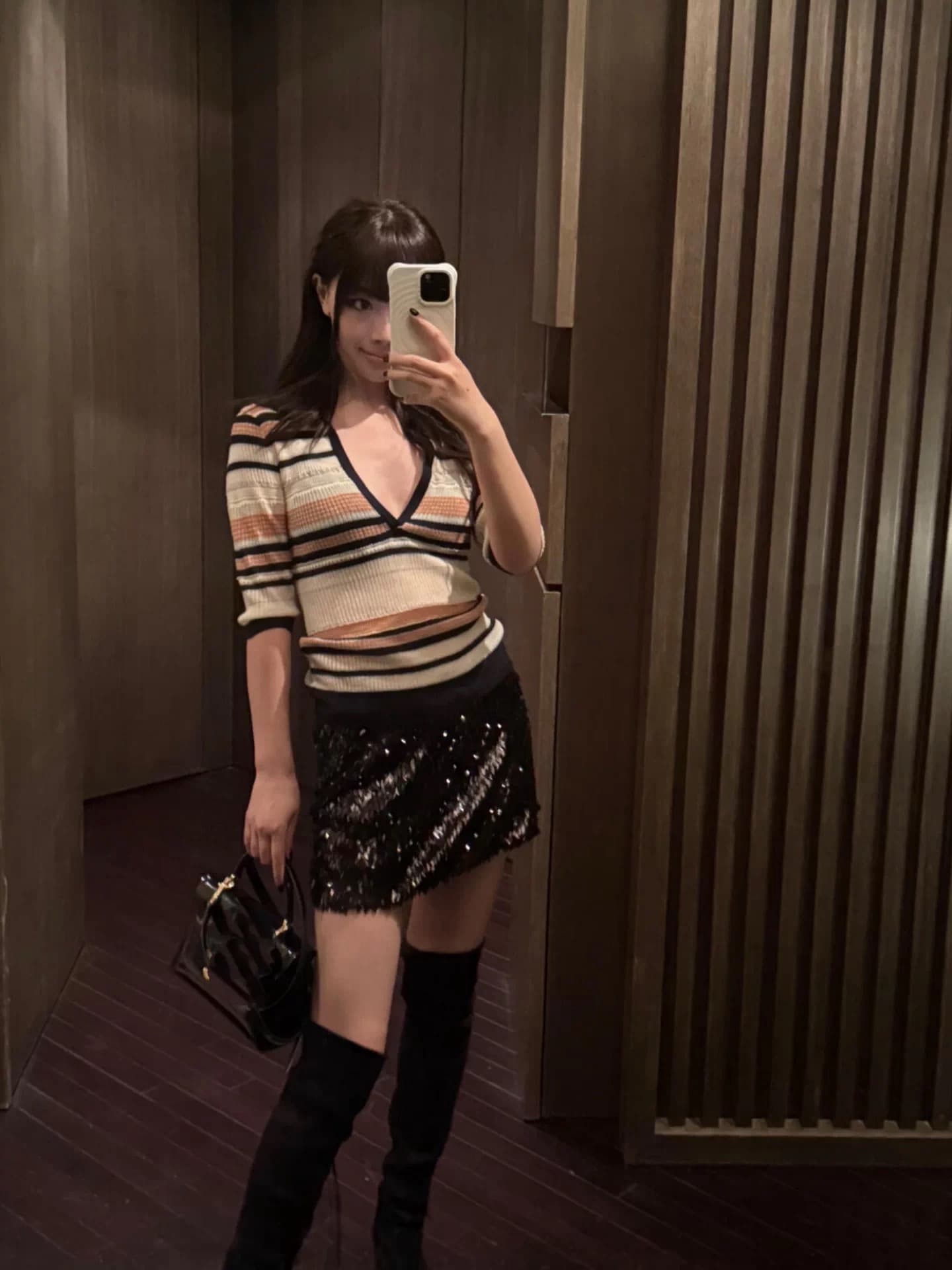 okmashop 오래된 돈 출퇴근 원단 단단한 실제로 질감 긍정적 인 어깨 중간 소매 배색 몸매 가꾸기 스트라이프 니트 스웨터 상세 이미지 2