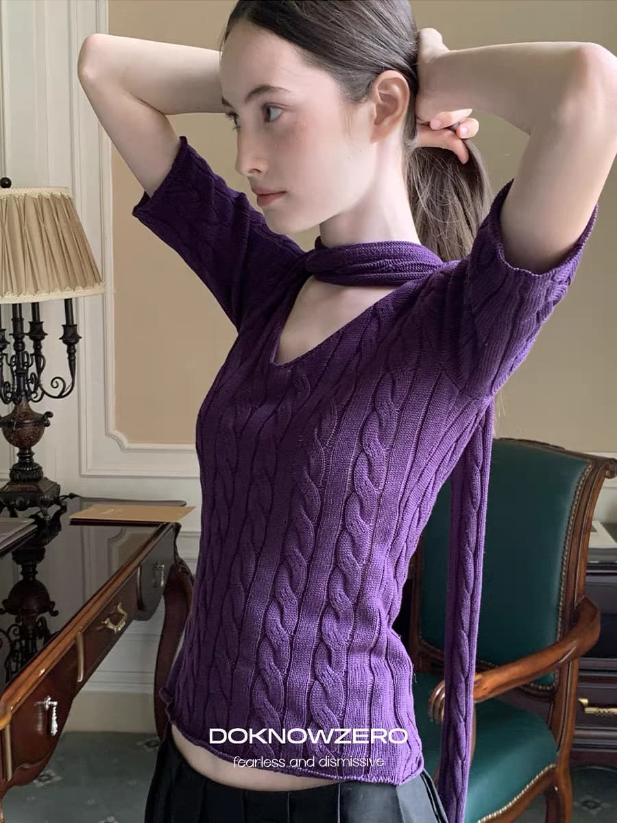 dkz 중간 소매 니트 티셔츠 여성 이른 가을 새로운 몸매 가꾸기 레트로 맨위 경기 스카프