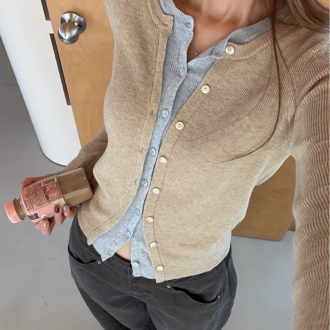 im ~까지 세련된 스택 음악 한 부서 계층의 감각 몸매 가꾸기 맨위 여성 페이크 레이어드 패치워크 색상 양모 니트 오픈 가디건 상세 이미지 5