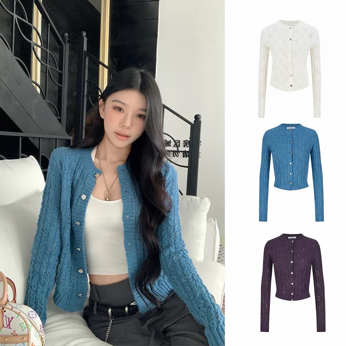 mosesqueen 마술 웨스트 여왕 디자인 센스 홀로우 아웃 니트 오픈 가디건 새로운 품격 몸매 가꾸기 쇼트 스타일 긴팔 맨위 상세 이미지 3