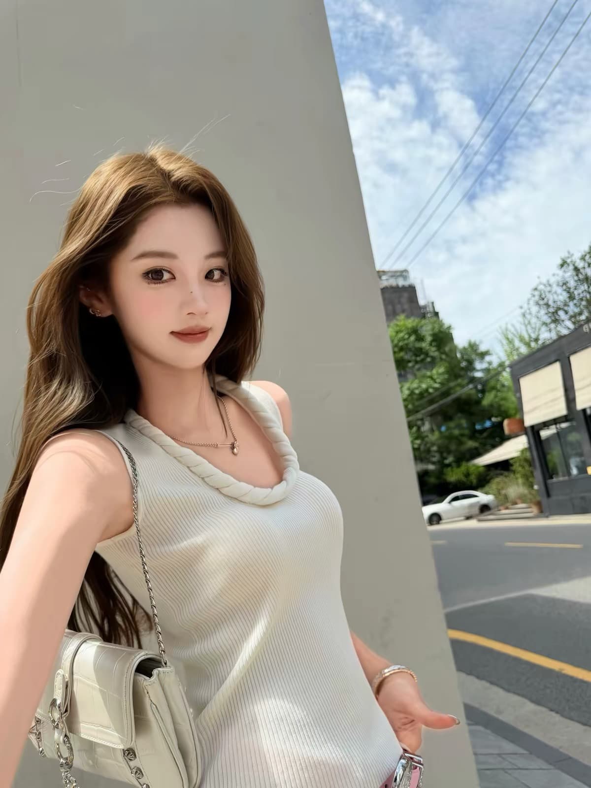 chicyou 켄 콩 수식 삼색 매듭 대 라운드 넥 유럽과 미국 여성 스타 미니멀리즘 품격 니트 조끼 이미지 3