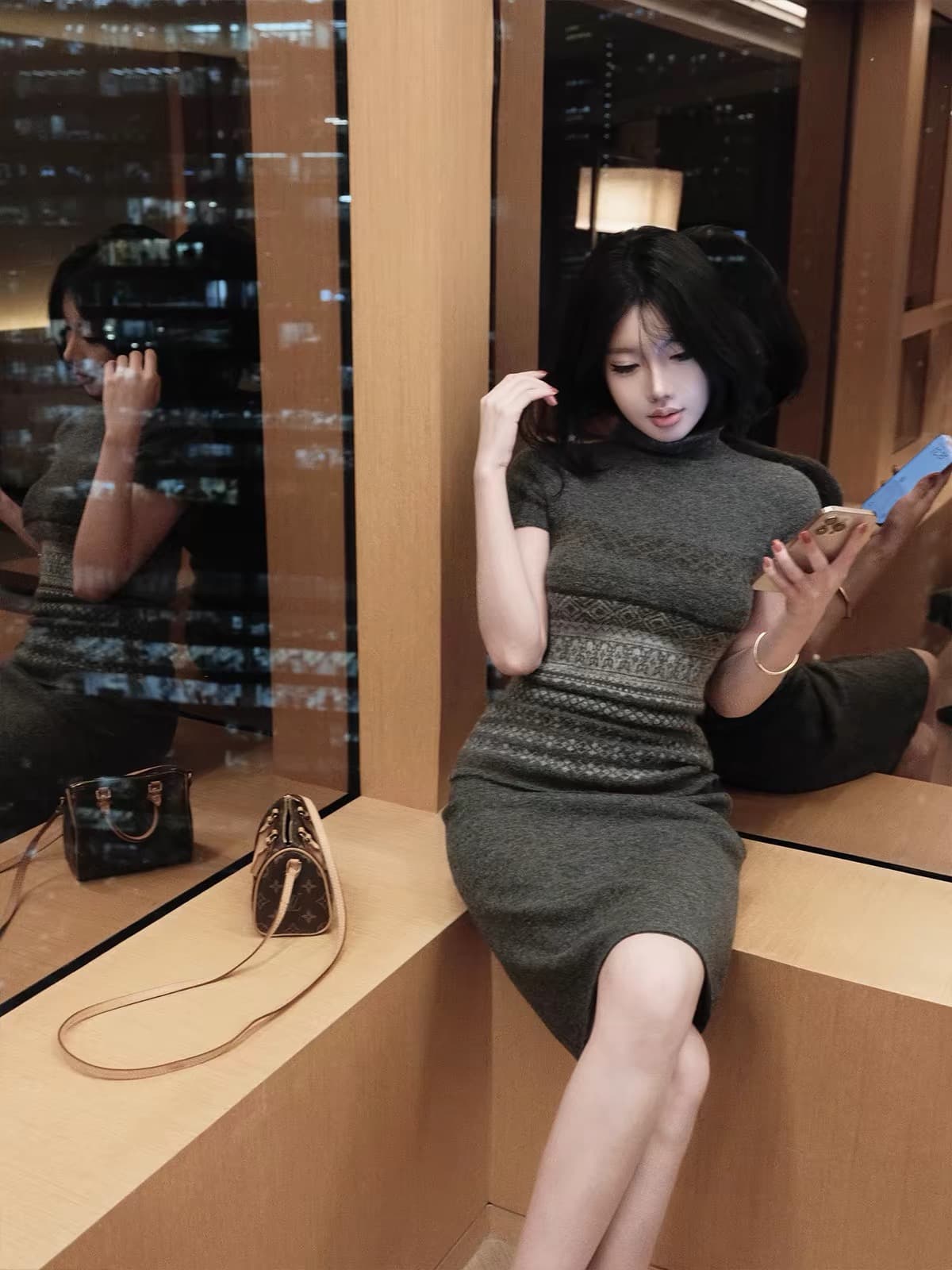 laareetoo 회색 터틀넥 자카드 소매 커버 스웨터 여자 가을 겨울 디자인 센스 몸매 가꾸기 인사이드 가져 가라. 슬림해 보이는 맨위 상세 이미지 3
