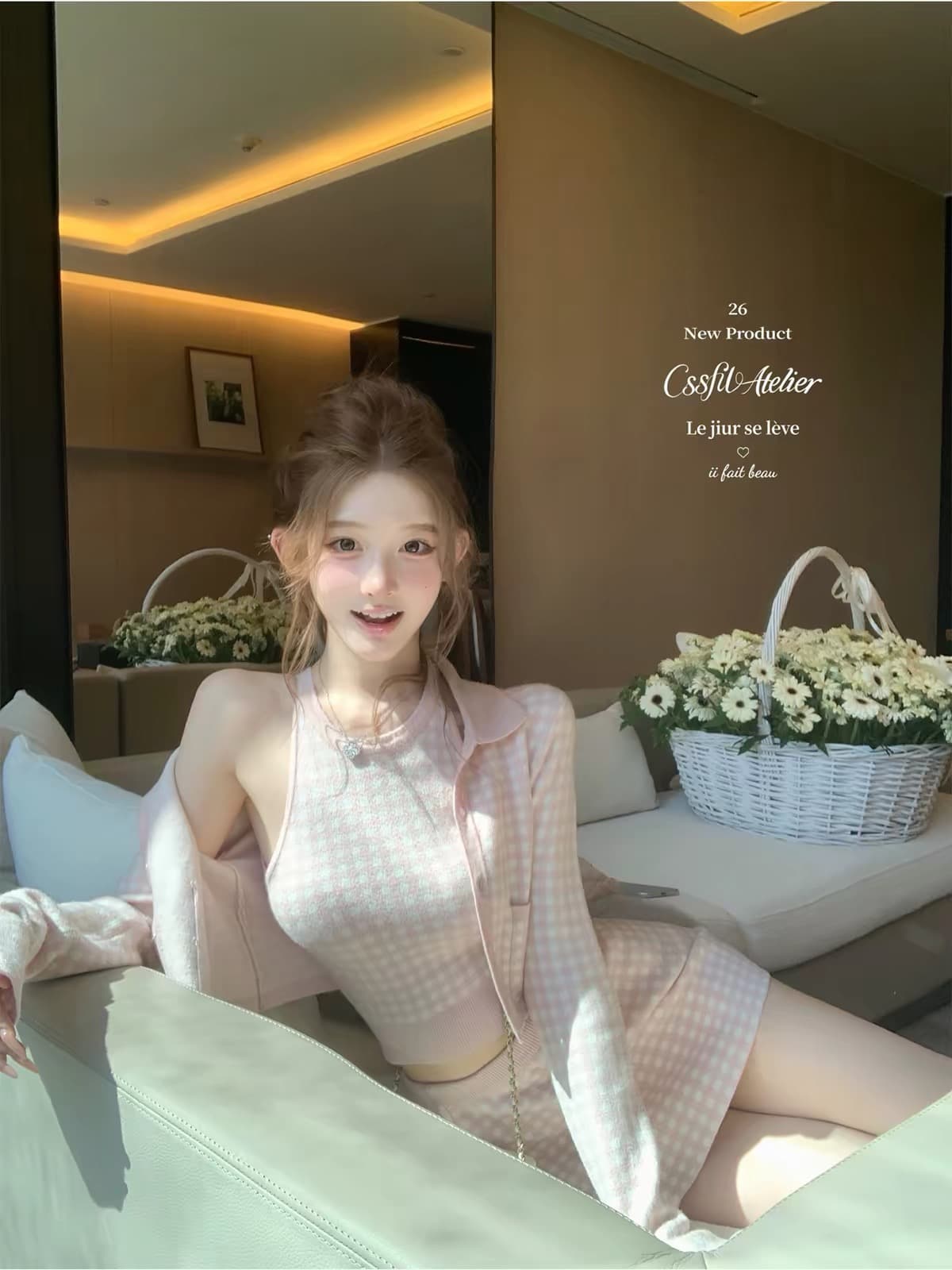 늦게 우산 우산 26 ss 바다 소금 향기로운 노래 주간 실크 양 털이 푸른 그리드 분말 그리드 오픈 가디건 조끼 반 스커트 3종 세트 그룹 이미지 3