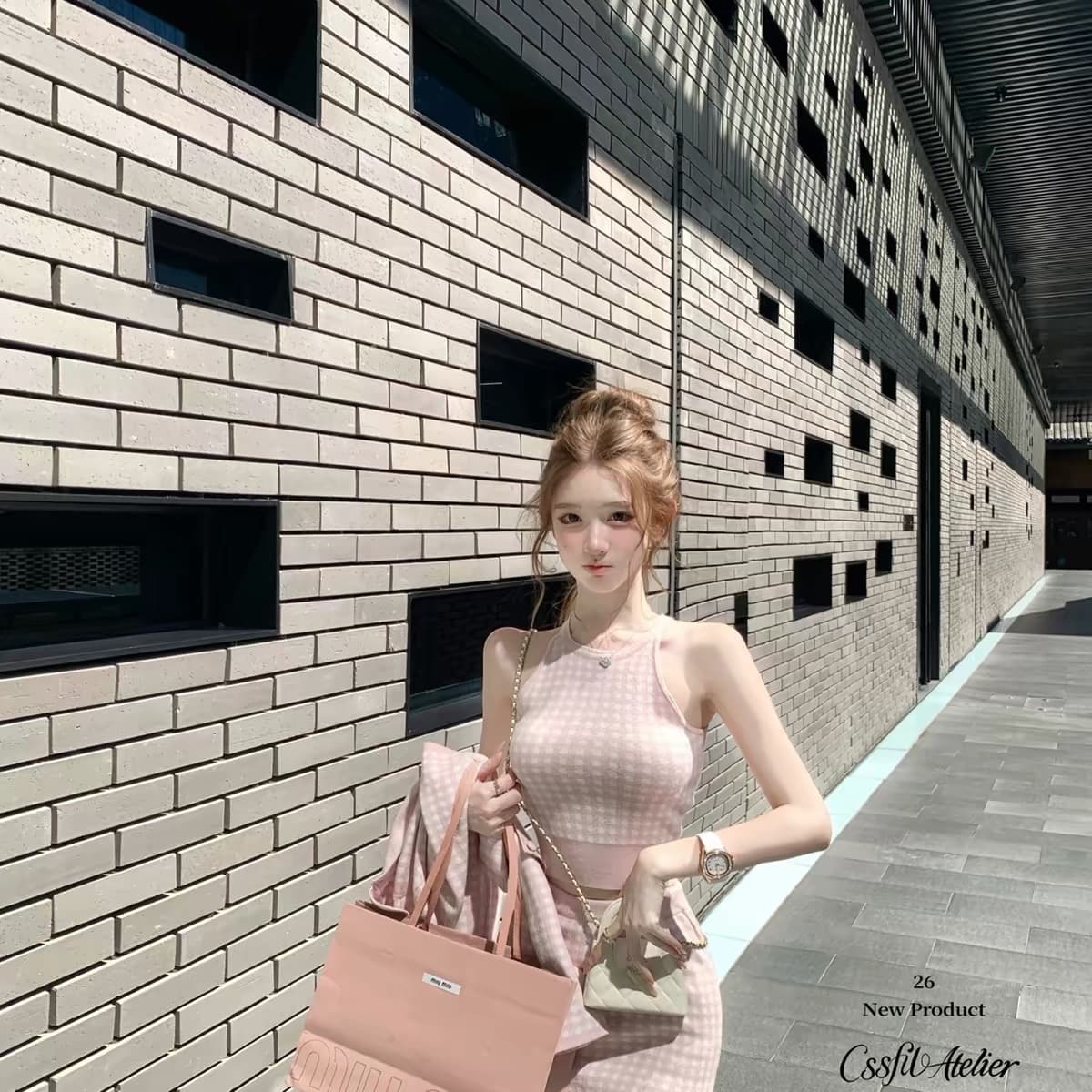늦게 우산 우산 26 ss 바다 소금 향기로운 노래 주간 실크 양 털이 푸른 그리드 분말 그리드 오픈 가디건 조끼 반 스커트 3종 세트 그룹 상세 이미지 5