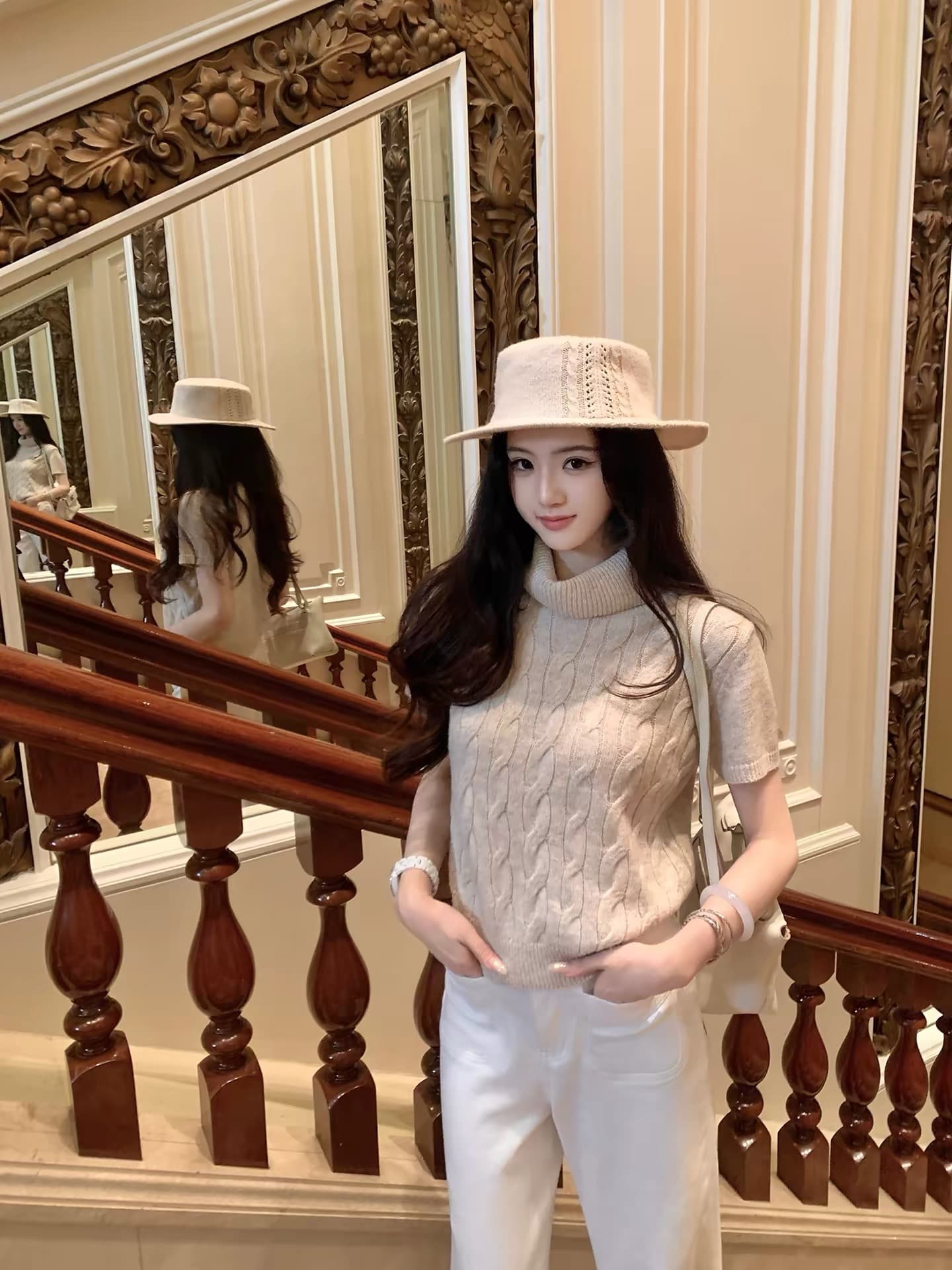 famouswang 가을 새로운 일상 부드러운 바람 품격 자매 터틀넥 꽈배기 양모 스웨터 맨위 여성 상세 이미지 1