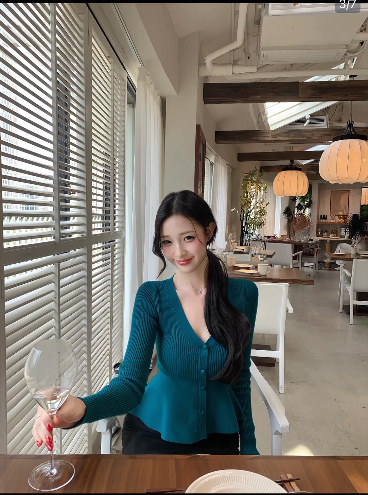 farte shop 블루스 플로팅 라이트 푸른 녹색 깊은 v 긴팔 진자 털 짠 셔츠 여성 봄 가을 허리 수축 맨위 이미지 2