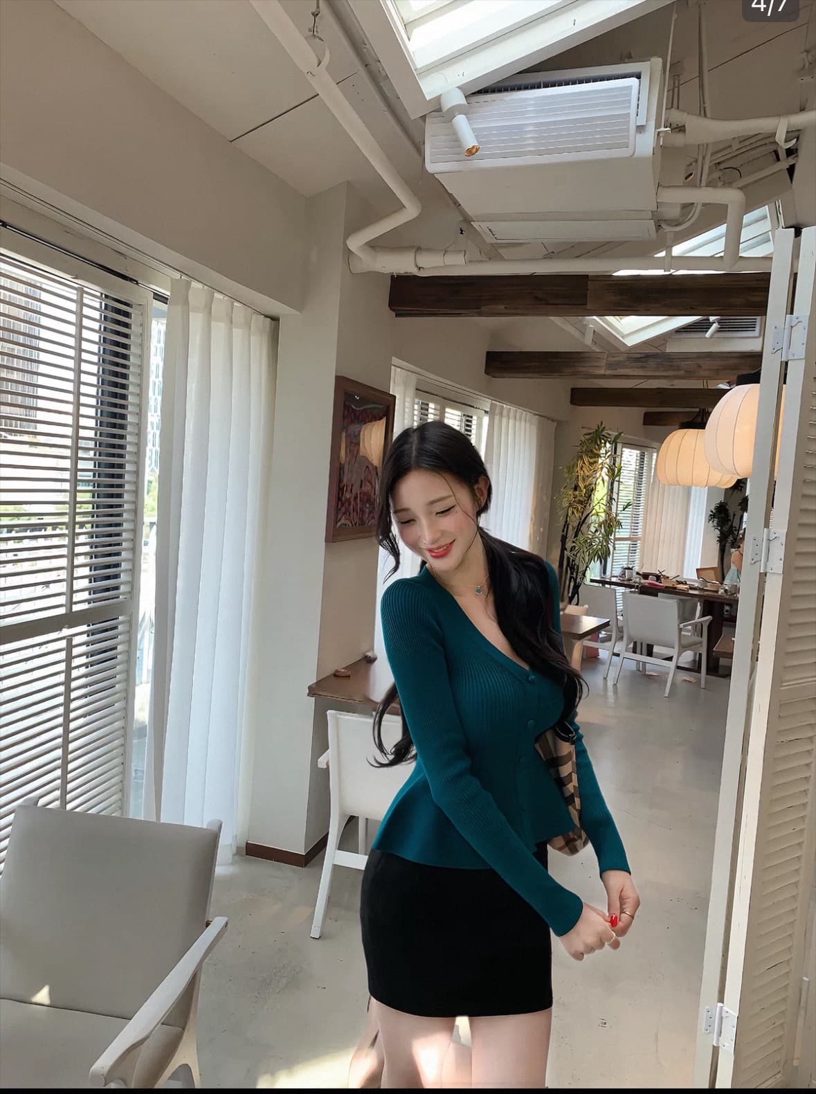 farte shop 블루스 플로팅 라이트 푸른 녹색 깊은 v 긴팔 진자 털 짠 셔츠 여성 봄 가을 허리 수축 맨위 상세 이미지 3
