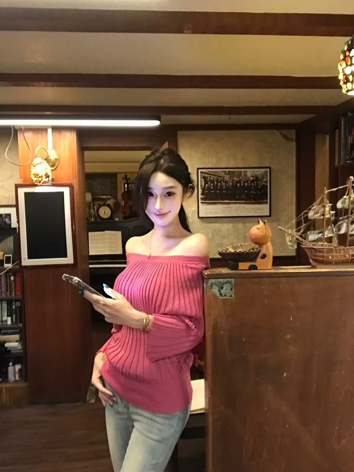 ww 맞춤 부드러운 신호 비스듬한 어깨 이른 가을 루즈핏 니트 맨위 여성 느긋한 바람 타이트 스커트 반신 치마 세트 상세 이미지 3