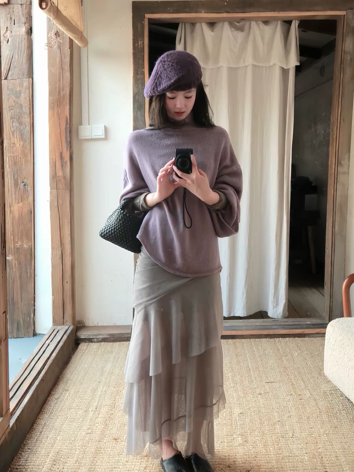 한 번 물고기 에도 보라색 안개 보라색 수 있습니다. 조정 말뚝 더미 칼라 스웨터 여자 느슨함 루즈핏 느긋한 바람 니트 맨위 상세 이미지 2