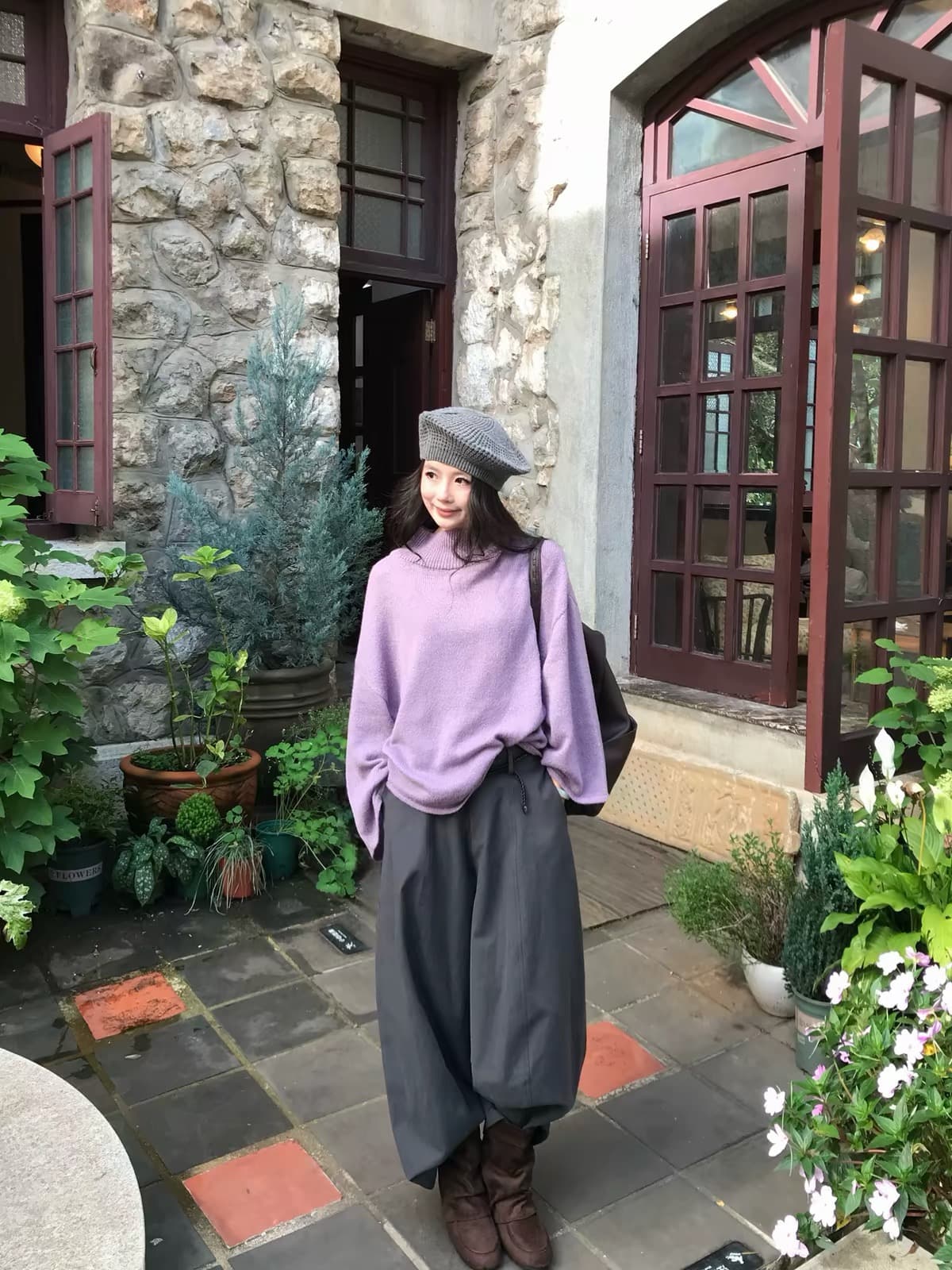 한 번 물고기 에도 보라색 안개 보라색 수 있습니다. 조정 말뚝 더미 칼라 스웨터 여자 느슨함 루즈핏 느긋한 바람 니트 맨위 상세 이미지 3