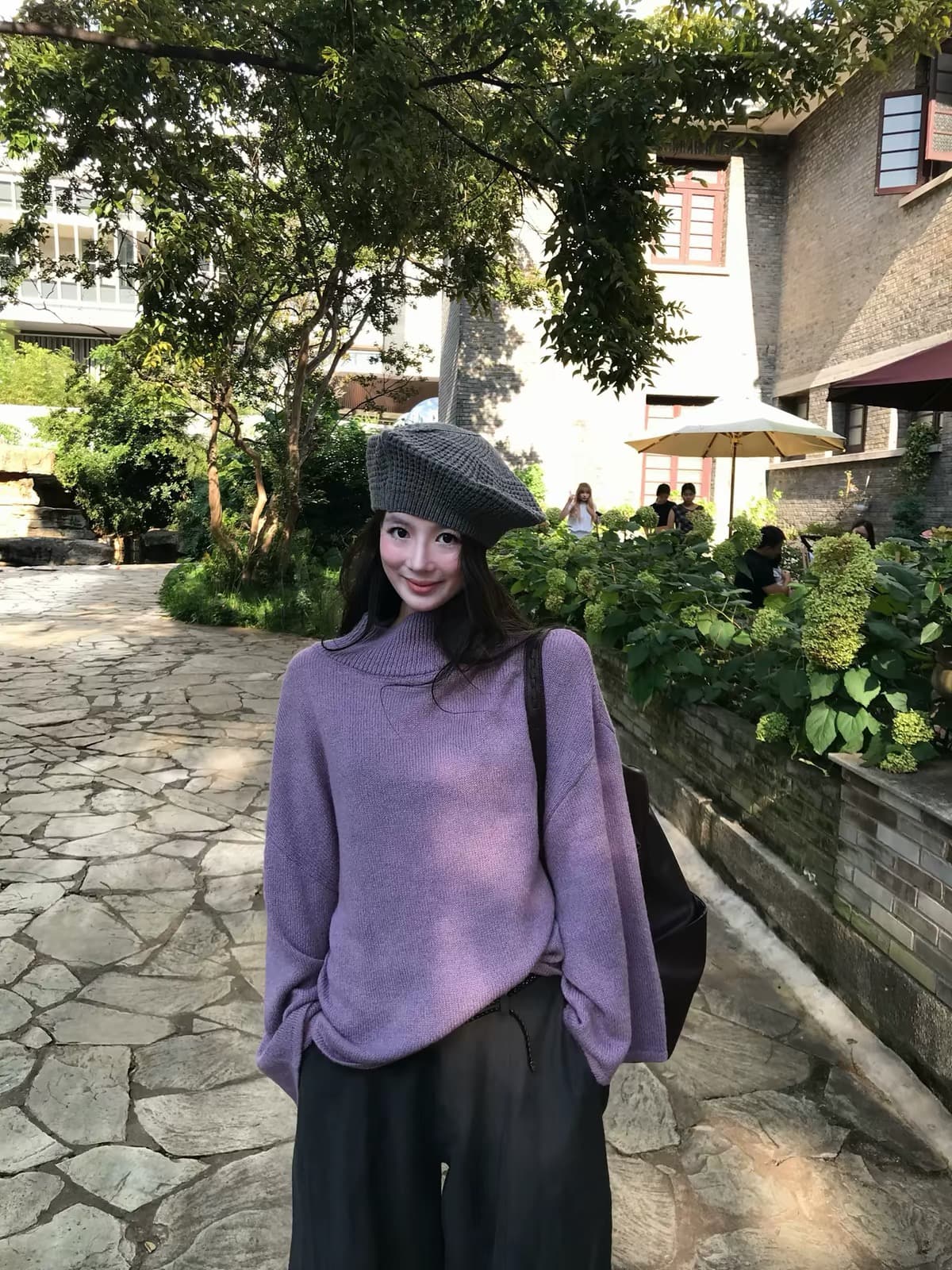 한 번 물고기 에도 보라색 안개 보라색 수 있습니다. 조정 말뚝 더미 칼라 스웨터 여자 느슨함 루즈핏 느긋한 바람 니트 맨위 상세 이미지 4