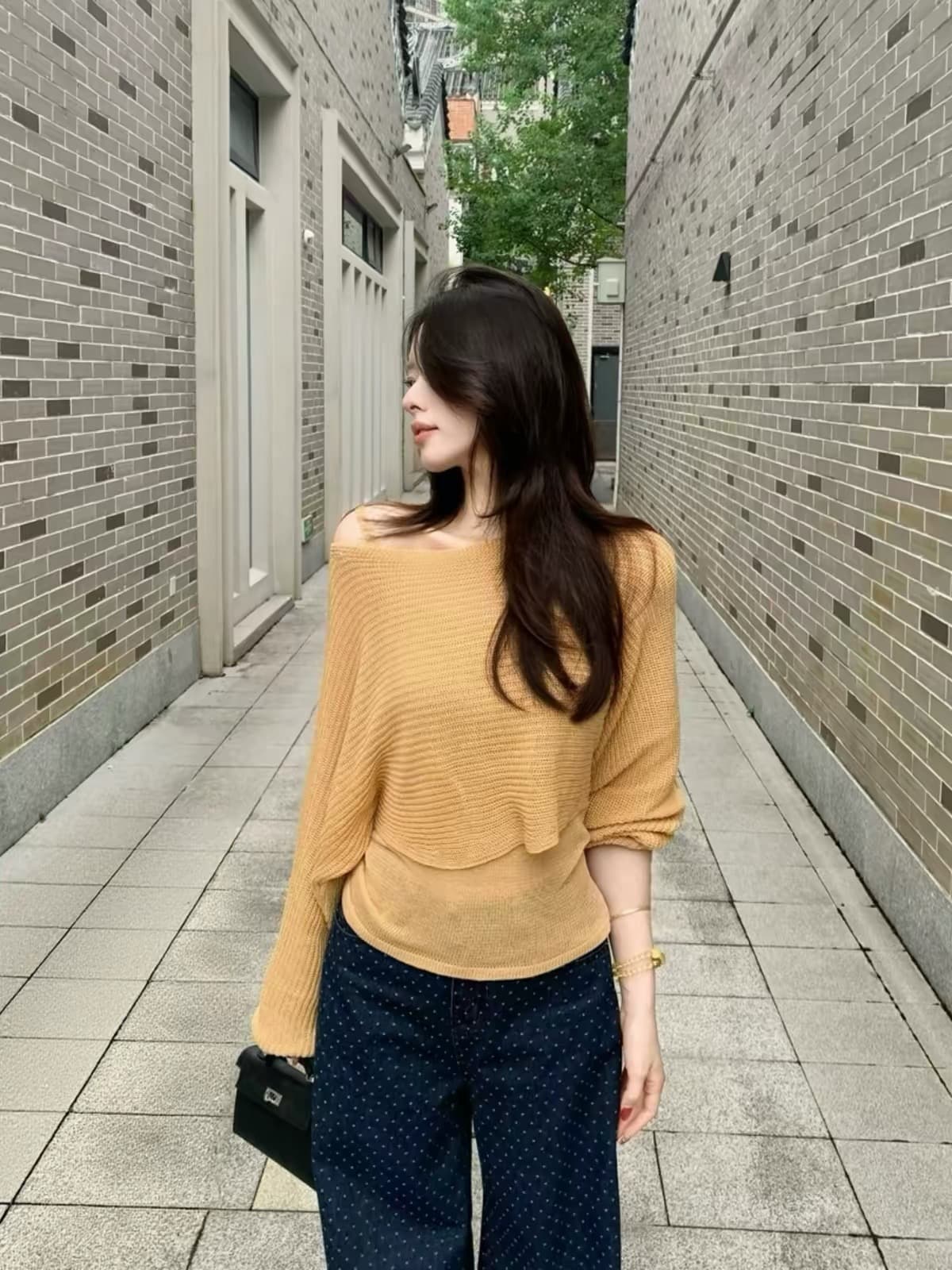 한 부서 핑크색 홀로우 아웃 긴팔 니트 스웨터 여성 조기 가을 스웨터 캐주얼 느긋한 바람 루즈핏 품격 오프숄더 맨위 상세 이미지 3