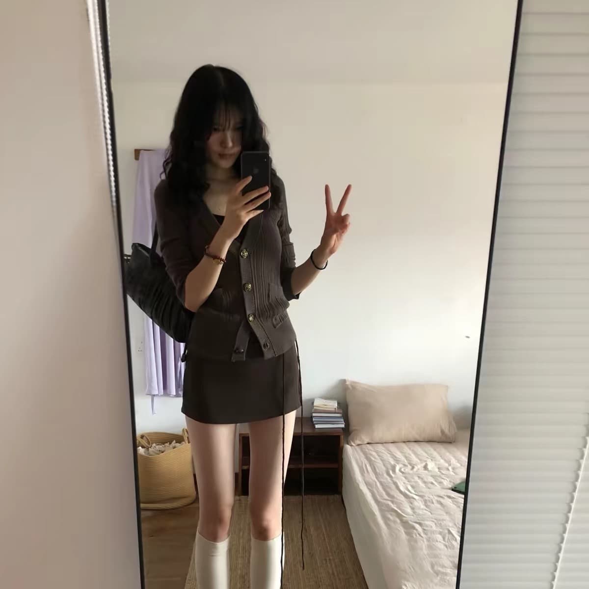 순수한 욕망 착용 가져 가라. 세트 여성 조기 가을 캐주얼 자이언트 잘 생긴 커피 색상 니트 오픈 가디건 스웨터 슬립