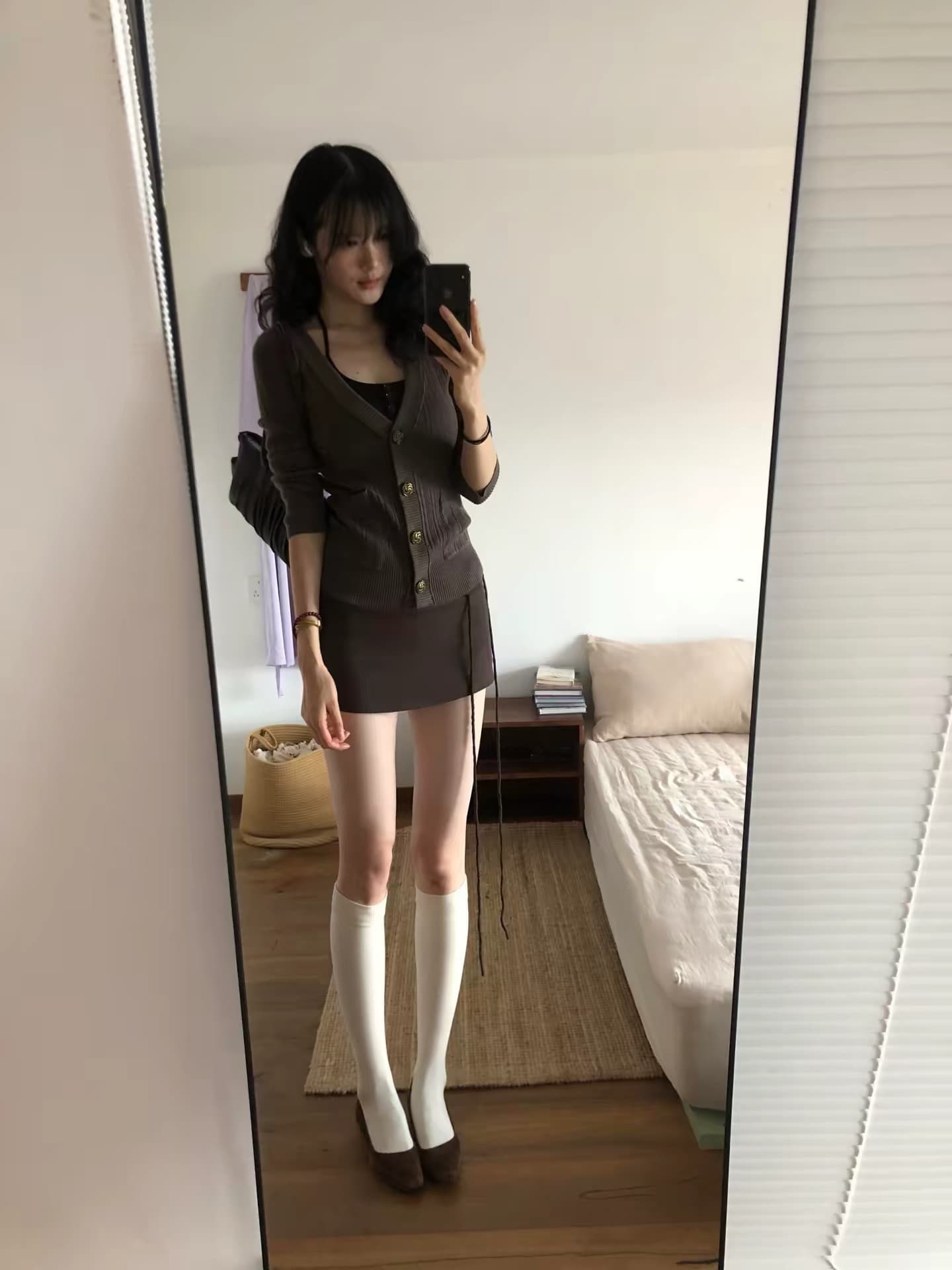 순수한 욕망 착용 가져 가라. 세트 여성 조기 가을 캐주얼 자이언트 잘 생긴 커피 색상 니트 오픈 가디건 스웨터 슬립 이미지 4