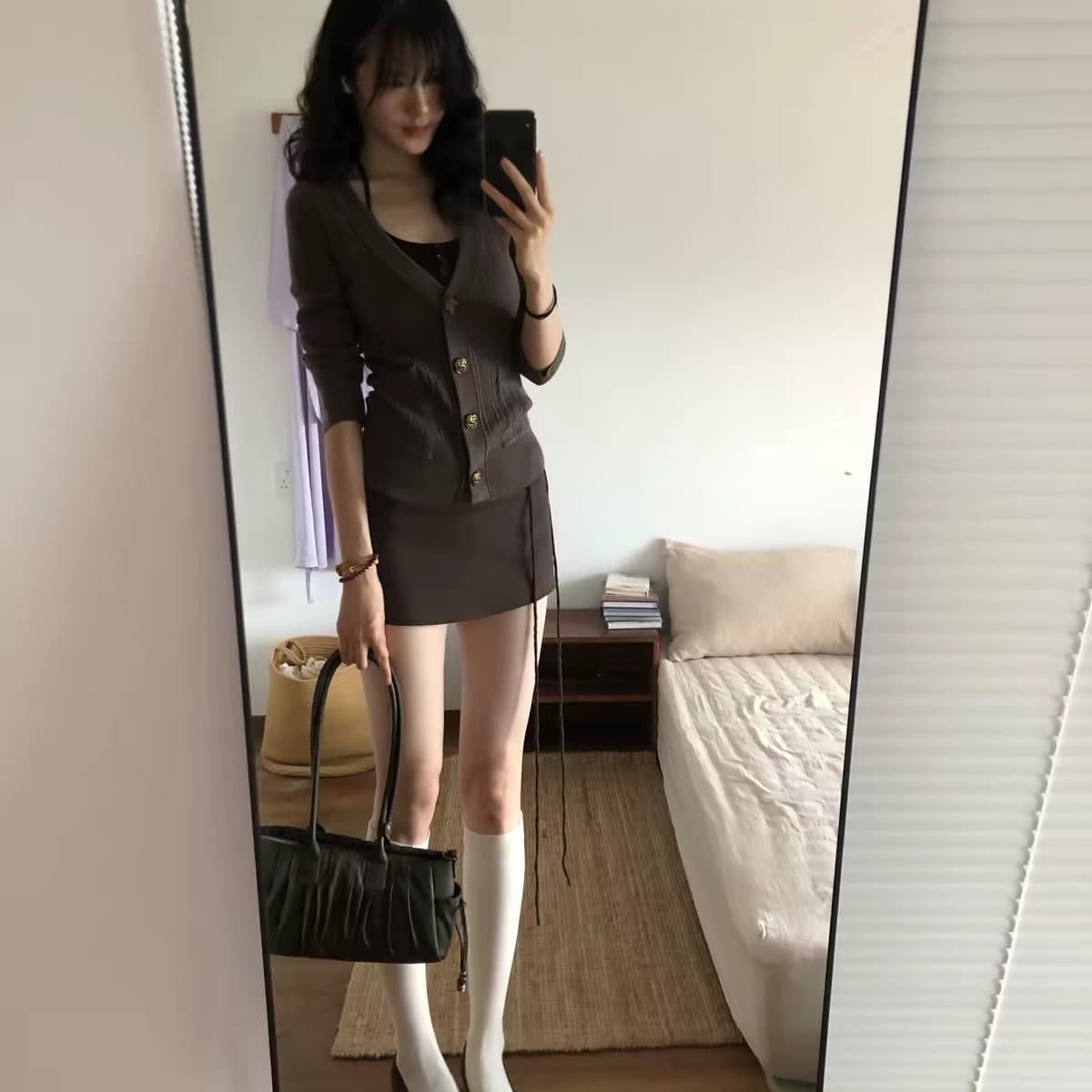 순수한 욕망 착용 가져 가라. 세트 여성 조기 가을 캐주얼 자이언트 잘 생긴 커피 색상 니트 오픈 가디건 스웨터 슬립 이미지 5