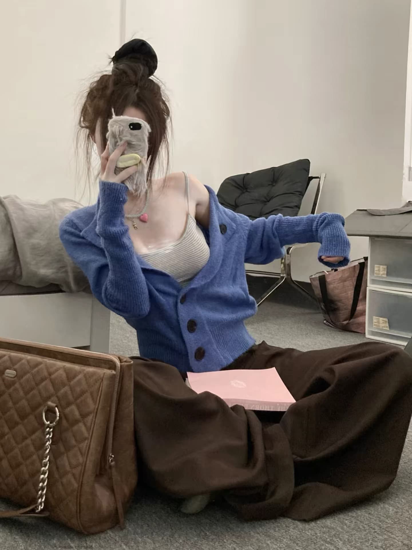 모헤어 니트 오픈 가디건 스웨터 여자 이른 가을 분위기 센스 한 부서 착용 가져 가라. 인사이드 가져 가라. 스트라이프 캐미솔 투피스 세트 이미지 3