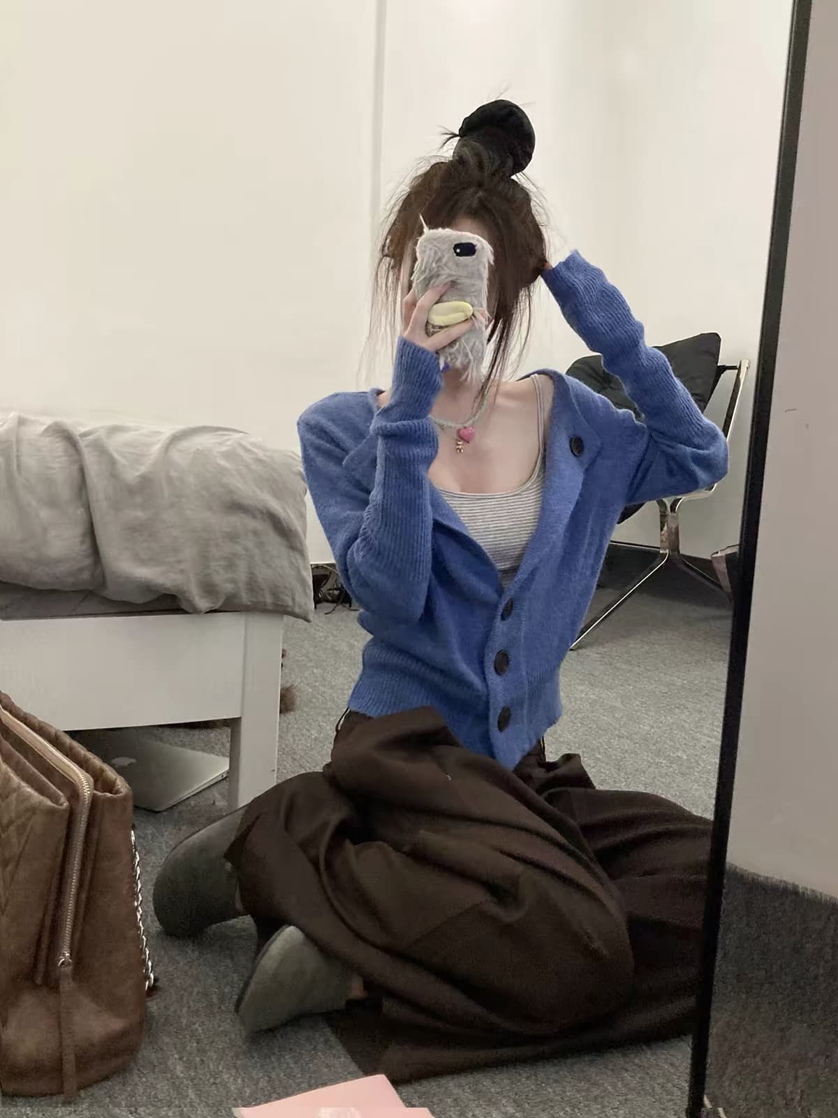 모헤어 니트 오픈 가디건 스웨터 여자 이른 가을 분위기 센스 한 부서 착용 가져 가라. 인사이드 가져 가라. 스트라이프 캐미솔 투피스 세트 상세 이미지 1