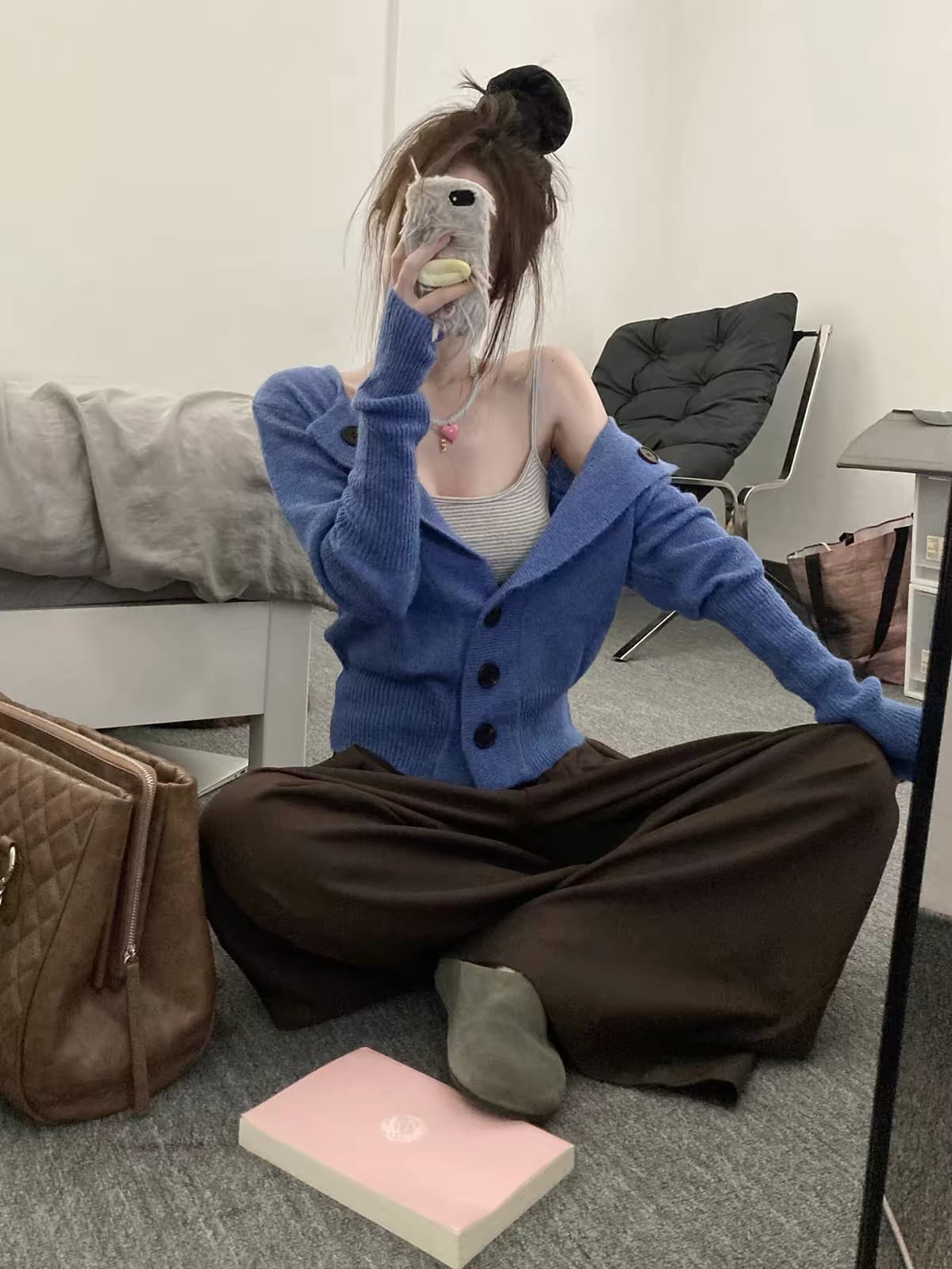 모헤어 니트 오픈 가디건 스웨터 여자 이른 가을 분위기 센스 한 부서 착용 가져 가라. 인사이드 가져 가라. 스트라이프 캐미솔 투피스 세트 상세 이미지 2
