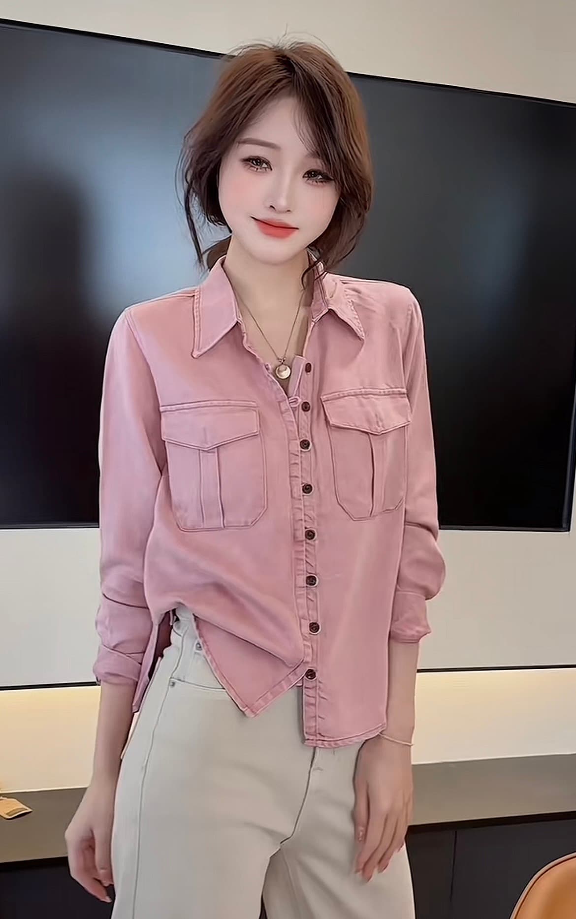 항구 바람 품격 POLO 칼라 핑크색 데님 재킷 연령 감소 디스플레이 화이트 긴팔 셔츠 이미지 4