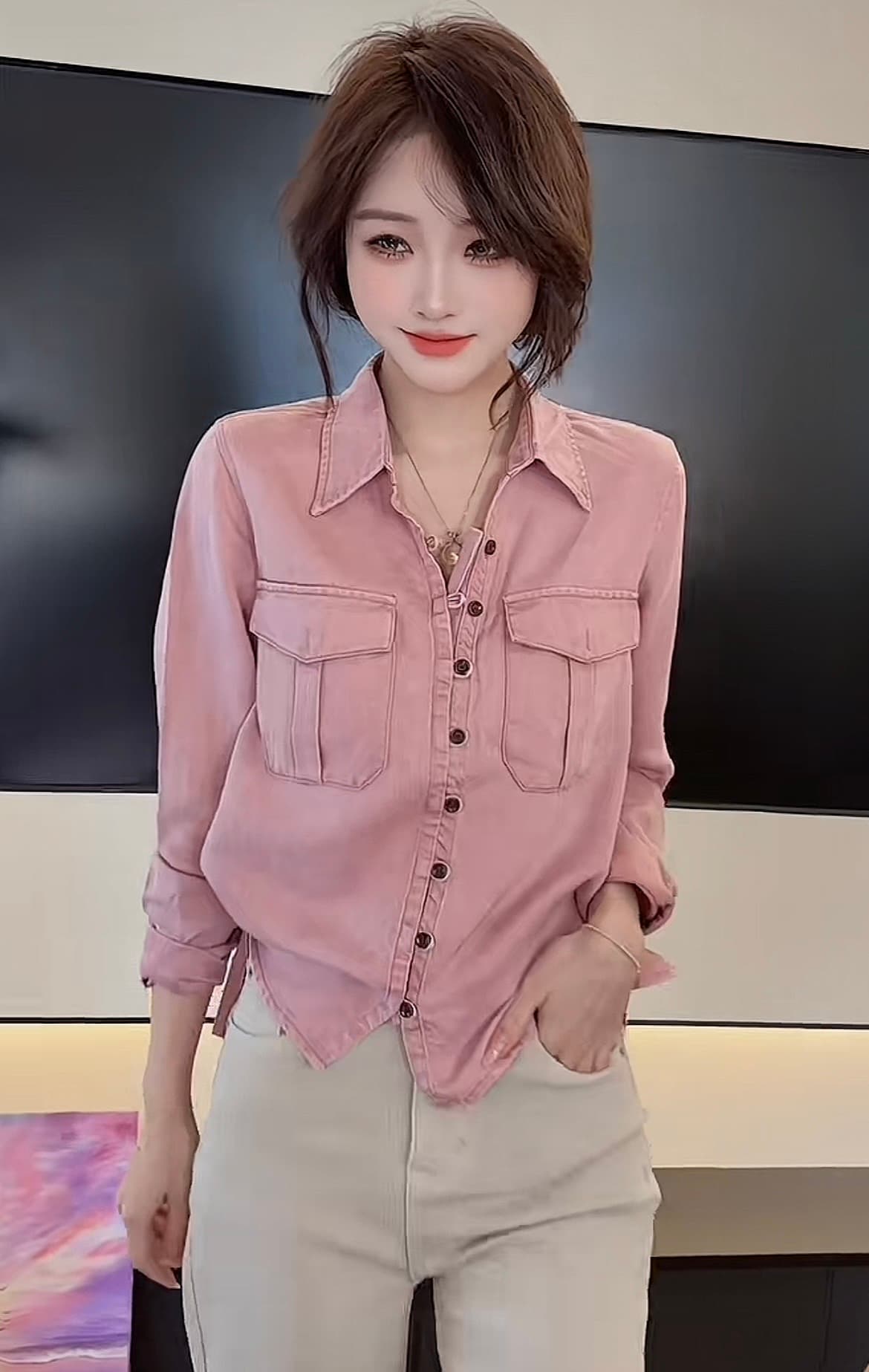항구 바람 품격 POLO 칼라 핑크색 데님 재킷 연령 감소 디스플레이 화이트 긴팔 셔츠 이미지 5