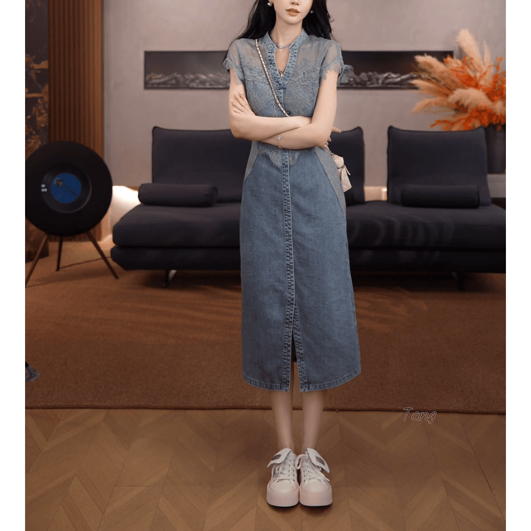 품격 캐주얼 레트로 데님 여성 드레스 여름 새로운 여성 패션 슬림해 보이는 패치워크 레이스 트임 중간 길이 스커트 이미지 4