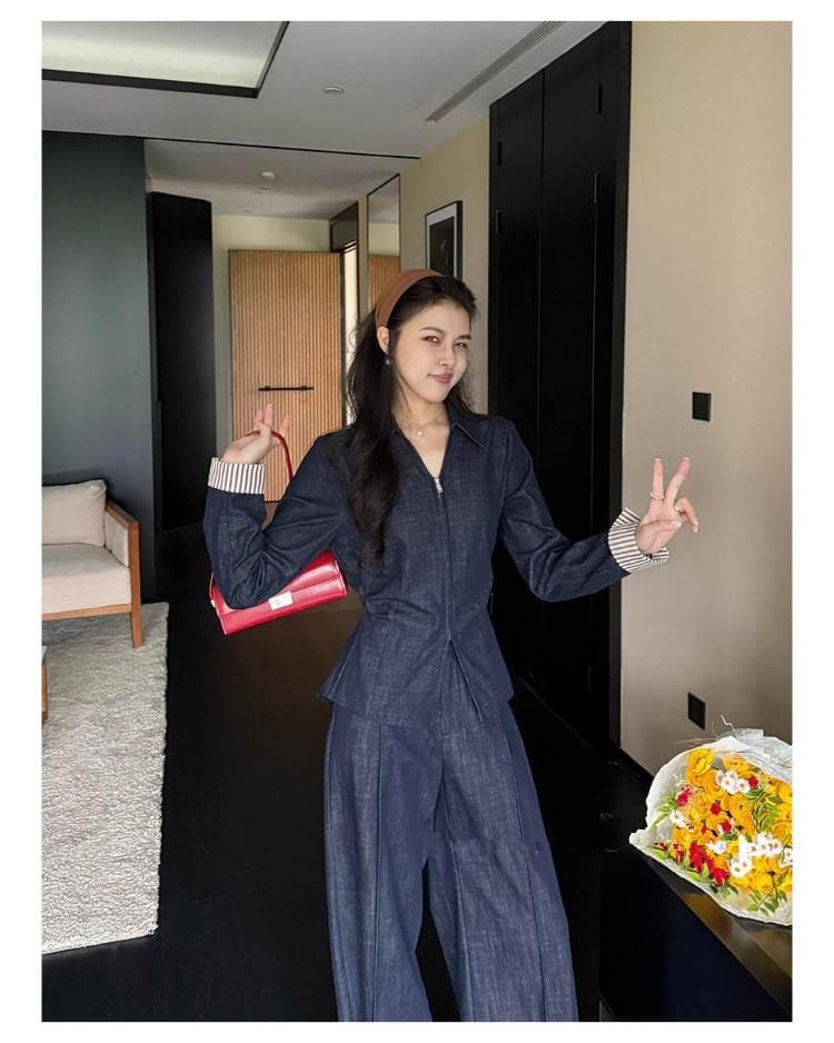 프랑스식 품격 데님 세트 여성 가을 2026 년 새로운 허리 수축 긴팔 맨위 와이드 레그 팬츠 슬림해 보이는 투피스 세트 이미지 2