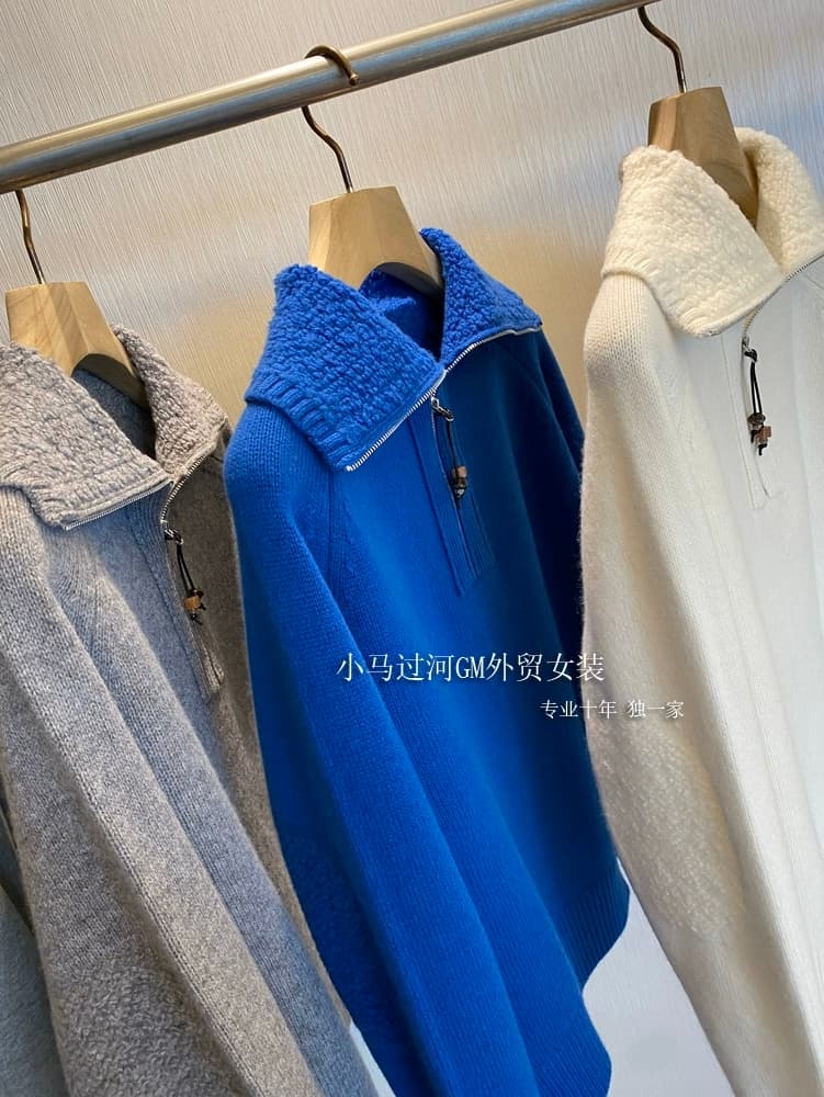 벽 균열 추천 오래된 승객 세 리본 2025 무거운 작업 하프 지퍼 수건 서클 빅 칼라 스웨터 이미지 2