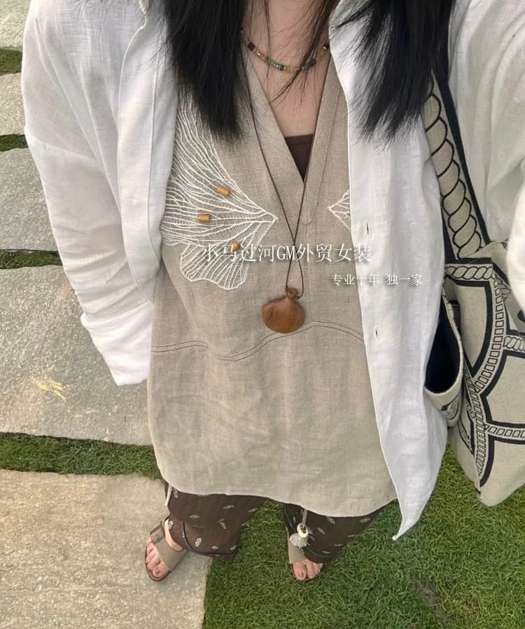 사실 원 높은 품질 승부사 콧대 높 은 오래된 돈 바람 아마 자수 비즈 박기 패치워크 측면 트임 조끼 맨위 상세 이미지 2