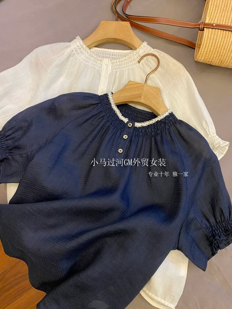 재무 보존 추천 매우 일본식 품격 전체 라미 진주 작은 스탠드 칼라 꽃밭 소매 셔츠 맨위 여성