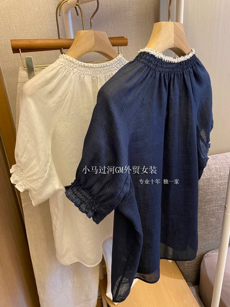 재무 보존 추천 매우 일본식 품격 전체 라미 진주 작은 스탠드 칼라 꽃밭 소매 셔츠 맨위 여성 이미지 4