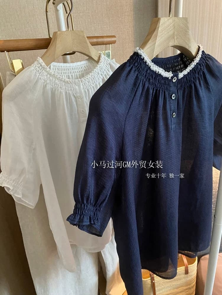 재무 보존 추천 매우 일본식 품격 전체 라미 진주 작은 스탠드 칼라 꽃밭 소매 셔츠 맨위 여성 이미지 3