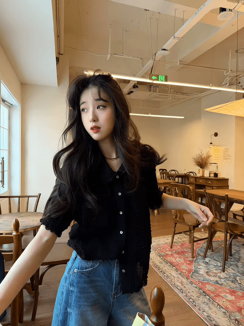 높음 폭탄 버블 크레이프 3 차원 주름 질감 루즈핏 반팔 셔츠 봄 여름 상세 이미지 1